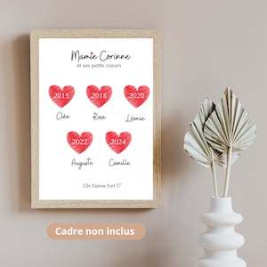 Affiche personnalisée mamie , "mamie et ses petits cœurs" - date de naissance et prénoms - cadeau fête des grands mères