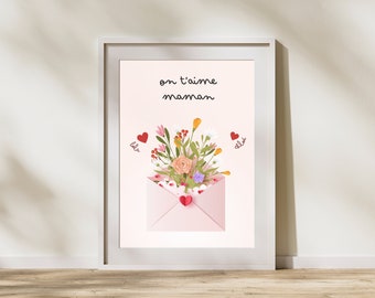 Affiche maman personnalisée avec prénoms et fleurs, cadeau fête des mères, cadeau pour maman - enveloppe fleurie et coeur