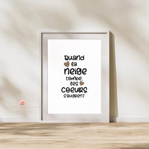 Affiche ou carte citation " Quand la neige tombe " - Décoration hivernale pleine de poésie - motif coeur léopard - illustration léopard