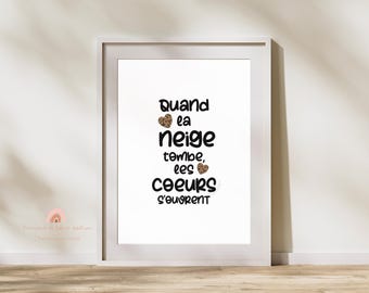 Affiche ou carte citation " Quand la neige tombe " - Décoration hivernale pleine de poésie - motif coeur léopard - illustration léopard