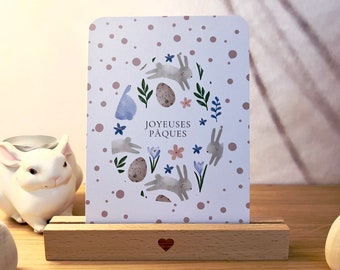 Carte Joyeuses Pâques - carte de pâques - lapin de pâques - décoration de pâques - illustration florale et lapin