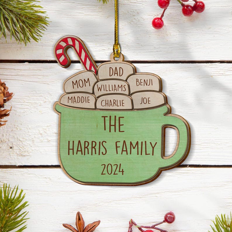 Personalized Family Wood Ornament, Custom Chocolate Cocoa Coffee Mug