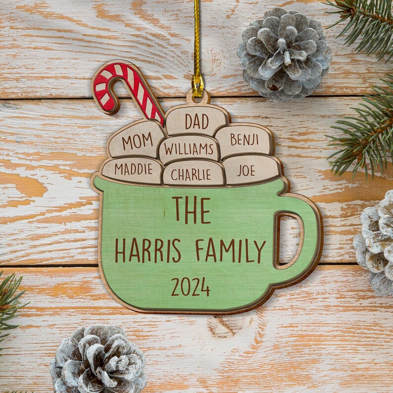 Personalized Family Wood Ornament, Custom Chocolate Cocoa Coffee Mug