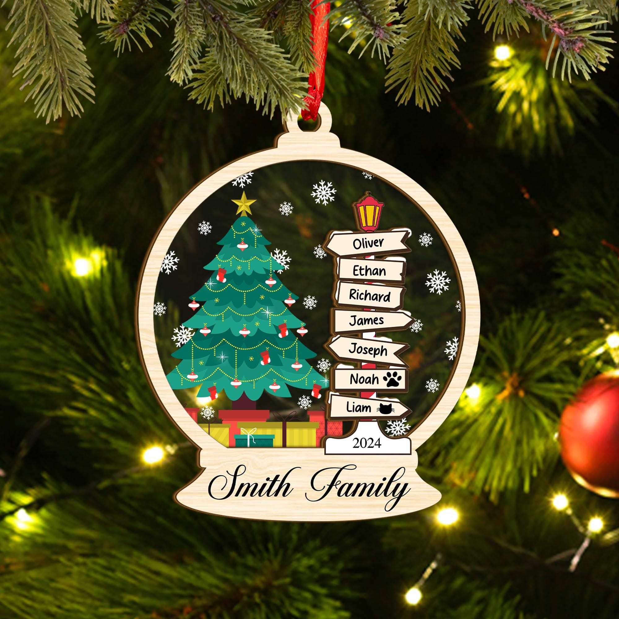 Personalized Family Christmas Ornament, Custom Family Christmas Tree Ornaments, Family Tree 2024 Xmas Keepsake, Family with Pet Names Gift