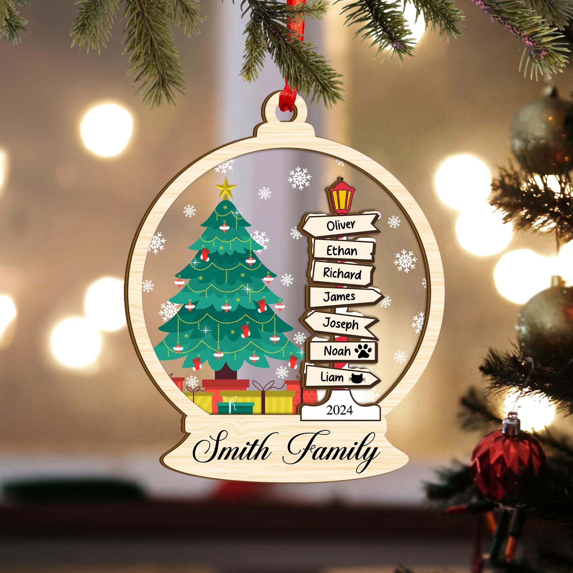 Personalized Family Christmas Ornament, Custom Family Christmas Tree Ornaments, Family Tree 2024 Xmas Keepsake, Family with Pet Names Gift