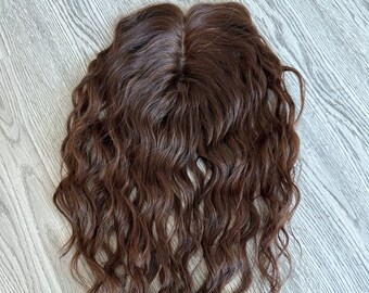 Lavia, chocolate brown silk based real human Curly Hair Topper, Best for medium hair loss, cover top head area for curly hair