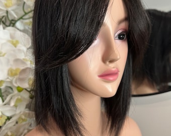 Lavia, bob style topper with curtain bangs, real human hair Topper, whole wigs experience with smaller base, free parting