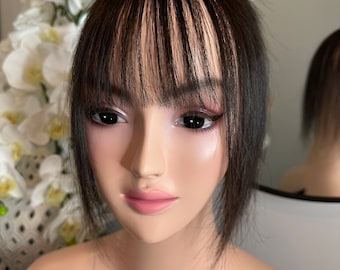 Lavia, handmade silk based Mini Hair Topper with fringe, real human hair, best for hair thinning solutions, hair loss on top head