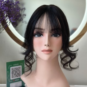 Lavia, 14 inches (35cm) silk based Mini Hair Topper with fringe, real human hair, best for hair thinning solutions, hair loss on top head