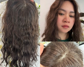 Lavia, deluxe chocolate brown curly silk base real human hair Topper, free parting, best for larger area of hair loss