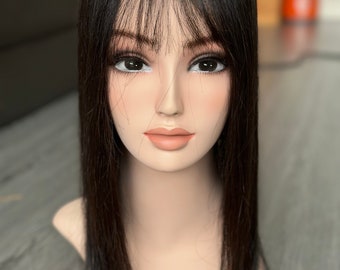 Lavia, deluxe high density large monofilament silk based real human hair Topper with fringe, free parting, best solution for hair thinning