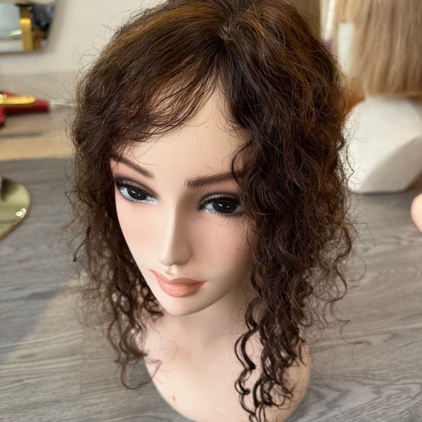 Lavia, medium density chocolate brown plus light brown highlights human hair silk based wavy curl Hair Topper 40cm, 16 inches