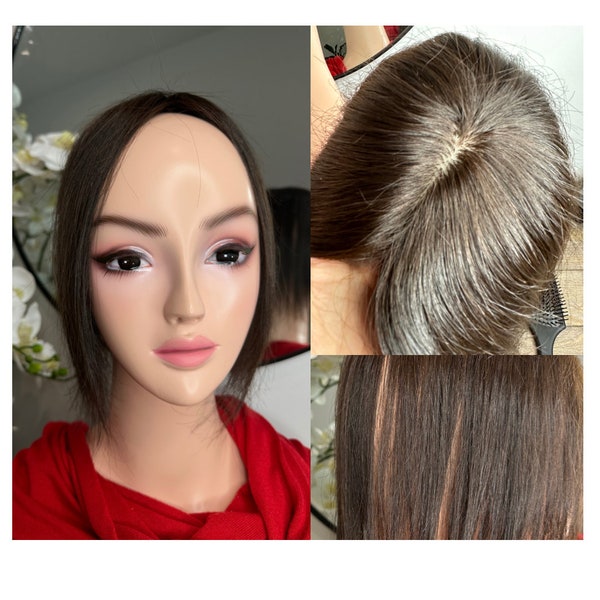Lavia,chocolate brown silk based Mini Hair Topper Plus, real human hair, slight hair loss on top head, medium density
