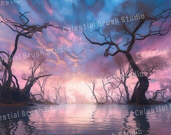 Ethereal Landscape Digital Art | Printable Instant Download | Dreamy Sunset Forest Scene | High-Resolution JPG | Nature-Inspired Wall Decor