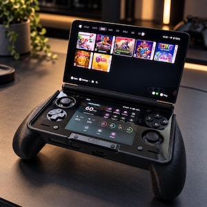 May include: A black handheld gaming console with a dual-screen design. The top screen displays a library of game icons including Mario Kart and Zelda, while the bottom screen shows system performance metrics, 60 FPS, and various control settings.