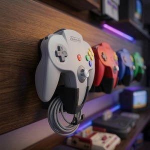 Puede incluir: Una fila de mandos de Nintendo 64 de varios colores montados en una pared de madera. Los mandos son grises, rojos, azules y verdes. Cada mando está sujeto por un soporte de pared negro, con el mando gris en primer plano.