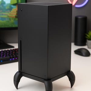 Könnte beinhalten: Eine schwarze Spielkonsole mit einem rechteckigen Turmdesign, montiert auf drei gebogenen Beinen. Die Konsole hat eine schlanke, moderne Ästhetik mit einem seitlichen Lüfter und einem Netzschalter. Der Hintergrund umfasst einen Computermonitor und ein Neon-Blitzschild.