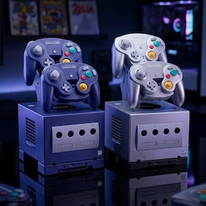 Peut inclure: Deux consoles Nintendo GameCube, une indigo et une argentée, chacune avec deux manettes assorties. Les manettes ont des boutons colorés et les consoles ont une fente pour les disques de jeu. L'ensemble est sur une surface réfléchissante.