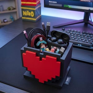 Boîte Pixel Heart – Cadeau idéal pour gamers – Boîte de rangement et décoration rétro gaming – Accessoires pour imprimante 3D