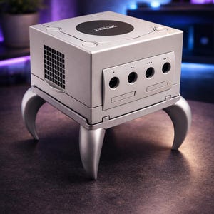 Könnte beinhalten: Silberne Videospielkonsole mit schwarzem Laufwerk und Lüftungsschlitzen, montiert auf drei gebogenen silbernen Beinen. Die Konsole hat mehrere Controller-Anschlüsse und einen Power-Knopf. Ein modernes Design einer klassischen Konsole.