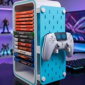 Puede incluir: Un organizador de consola de juegos blanco y azul con una parte trasera estilo panel perforado y un estante para mandos de juegos. El organizador contiene varias carcasas de juegos. Un mando de juegos blanco y azul está montado en la parte delantera.
