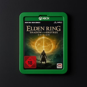 May include: A green Xbox game case featuring the game "Elden Ring: Shadow of the Erdtree Edition." The cover art depicts a silhouetted figure with a staff against a glowing, circular background. The case includes the Xbox logo and a USK 18 rating.