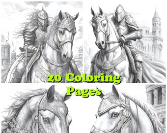 Armored Warrior Horse Coloring Pages: Grayscale Illustrations (Digital Download)