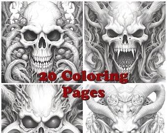 Kleurplaten demonen en schedels, kwaadaardige ontwerpen (digitale download)