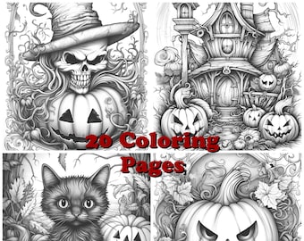 Halloween Grayscale Coloring Pages: Pumpkin Designs (PNG)