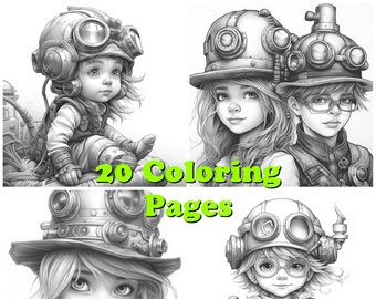Steampunk Kids Coloring Pages: Victorian Futurism (PNG)