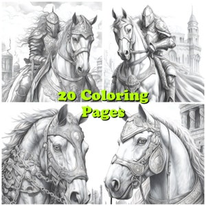 May include: A set of four black and white coloring pages featuring detailed illustrations of knights riding horses. The pages are titled "20 Coloring Pages".