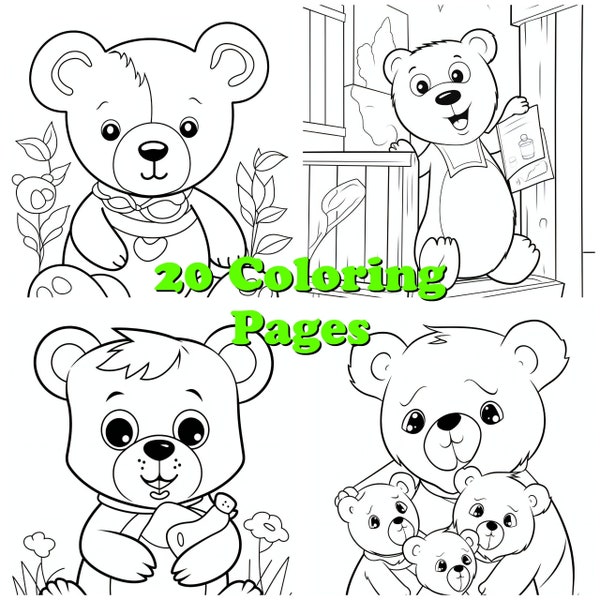 Cuddly Cute Bear Coloring Pages, Colouring Sheets, Adorable Bear Coloring Book