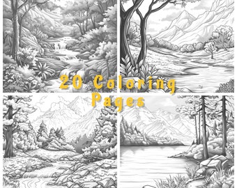 Landscapes 2 Coloring Pages, Grayscale Colouring Sheets, Relaxing, Tranquillity