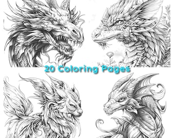 Mythical Beasts 2 Coloring Pages, Fantasy Creatures Colouring Sheets, Grayscale Printable Coloring Book