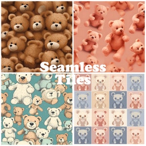 May include: A digital paper with four different seamless patterns featuring teddy bears in various colors and styles. The patterns are perfect for crafting, scrapbooking, and other creative projects.