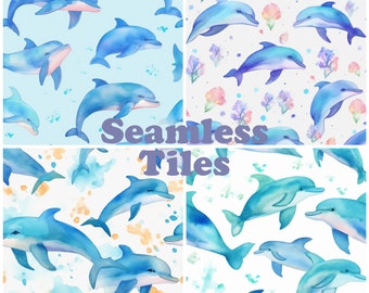 Watercolor Dolphin Seamless Tile Patterns (Digital Paper)