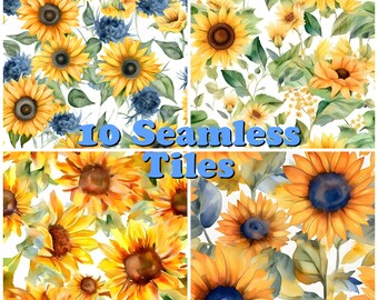Watercolor Sunflower Seamless Pattern Tiles - 10 Designs (PNG)