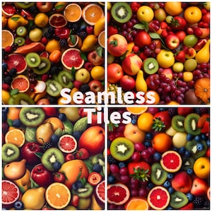 Puede incluir: Un azulejo de patrón sin costuras que presenta una variedad de frutas, verduras y bayas. El azulejo está formado por un patrón repetitivo de frutas y verduras rojas, verdes, amarillas y naranjas. El azulejo es perfecto para agregar un toque de naturaleza a cualquier habitación.