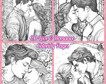 20 Love and Romance Coloring Pages: Couples & Hearts (A4)