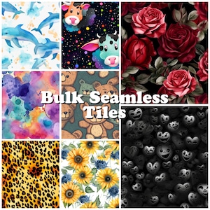 May include: A collage of nine different seamless tile patterns. The patterns include: a watercolour design with pink, blue, and yellow colours, a black and white pattern of cartoon bears, a black background with red roses, a black and white pattern of hearts with faces, a white background with yellow sunflowers, a black background with colourful cartoon cows, a white background with blue dolphins, a black background with colourful stars, and a brown and yellow leopard print.