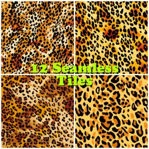 May include: Twelve seamless digital paper tiles featuring a leopard print pattern in shades of brown, orange, and black.