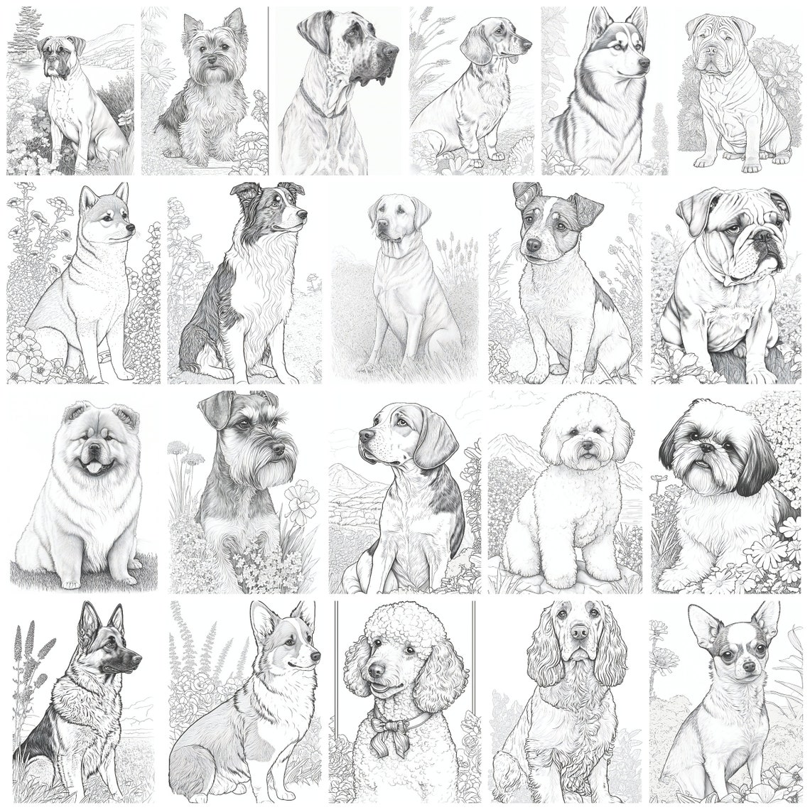 Dog Coloring Pages, Dog Coloring Sheets, Puppy Coloring Book, Dog Art