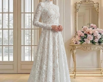 Boho Lace Wedding Dress, Long Sleeve A-Line Bridal Gown, Garden Ethereal Bride