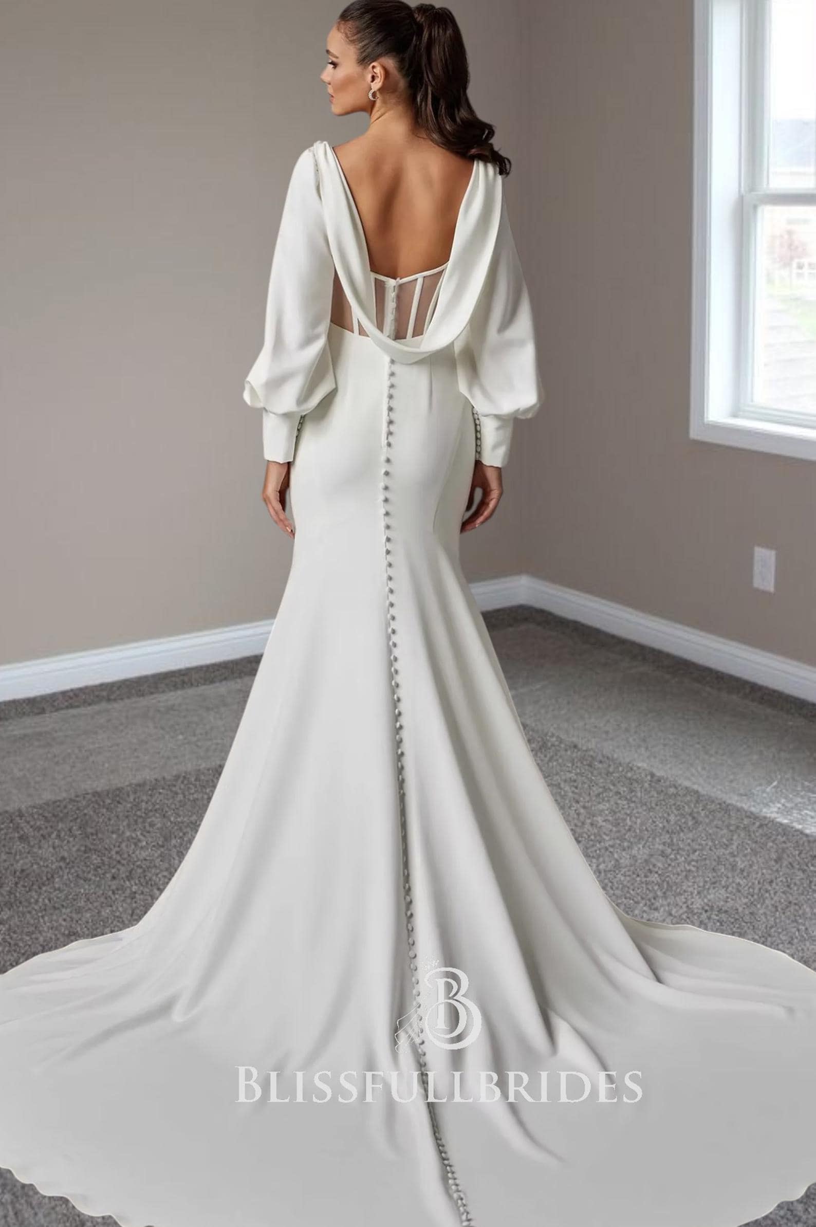 Ball Gown Classic Long Sleeve Wedding Dress 88133: Clean Crepe Long Sleeve  Fit And Flare Gown