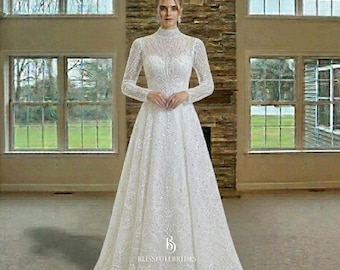 Hammi Custom Sparkly Lace Wedding Dress | High Neck Long Sleeve Corset Bridal Gown | Beaded A-Line Wedding Dress | Made to Measure