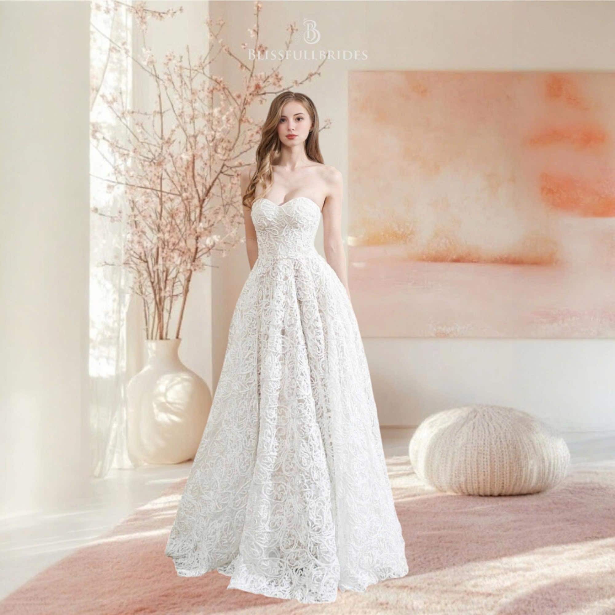 A-Line Lace Wedding Dress: Custom Strapless Bridal Gown