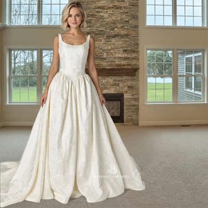 Custom made Jacquard A-Line Wedding Dress – Square Neck Gown with Silk Lining image 1