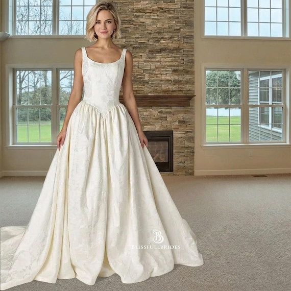 Custom made Jacquard A-Line Wedding Dress - Square Neck Gown with Silk Lining
