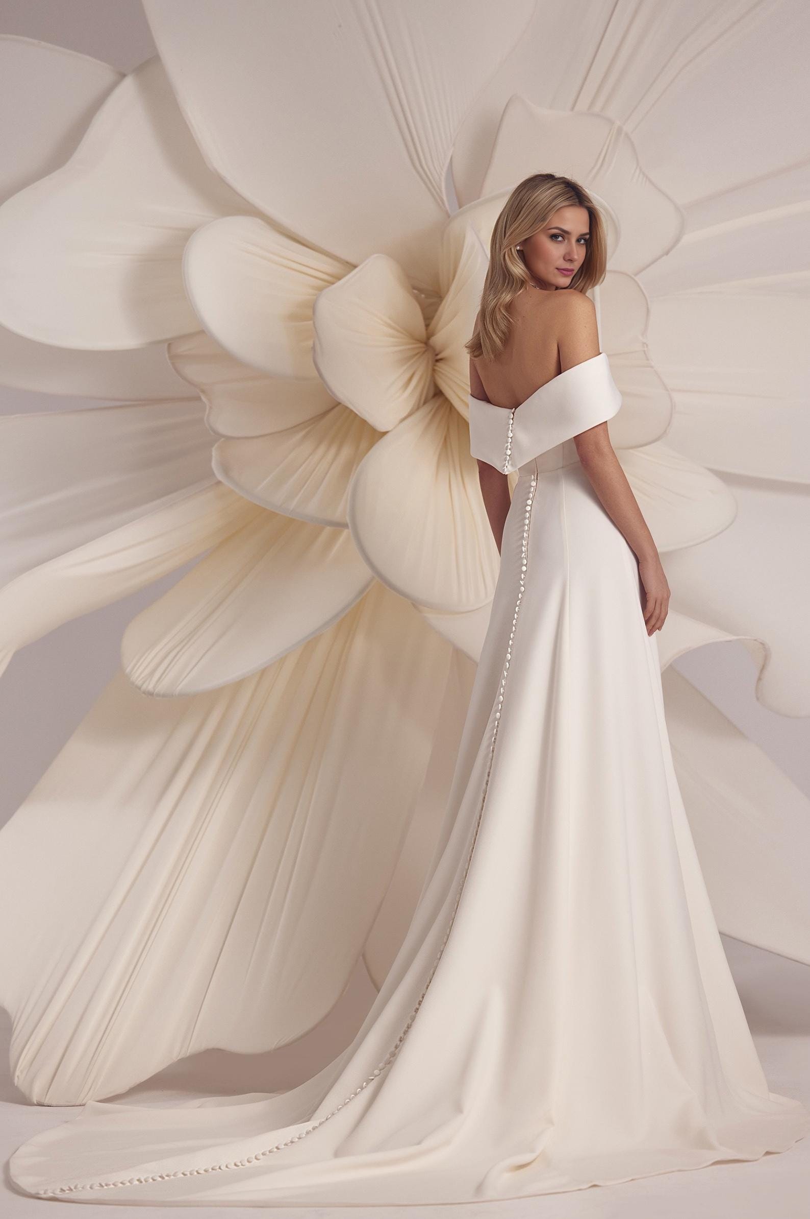 off-the-shoulder buttoned back crepe wedding dress Off-Shoulder Crepe Mermaid Wedding Dress: Custom Button-Back Bridal Gown