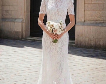 Minimalist Lace Wedding Dress, A Line Bridal Gown, High Neck Wedding Dress, Short Sleeve Lace Dress, Custom Bridal Gown